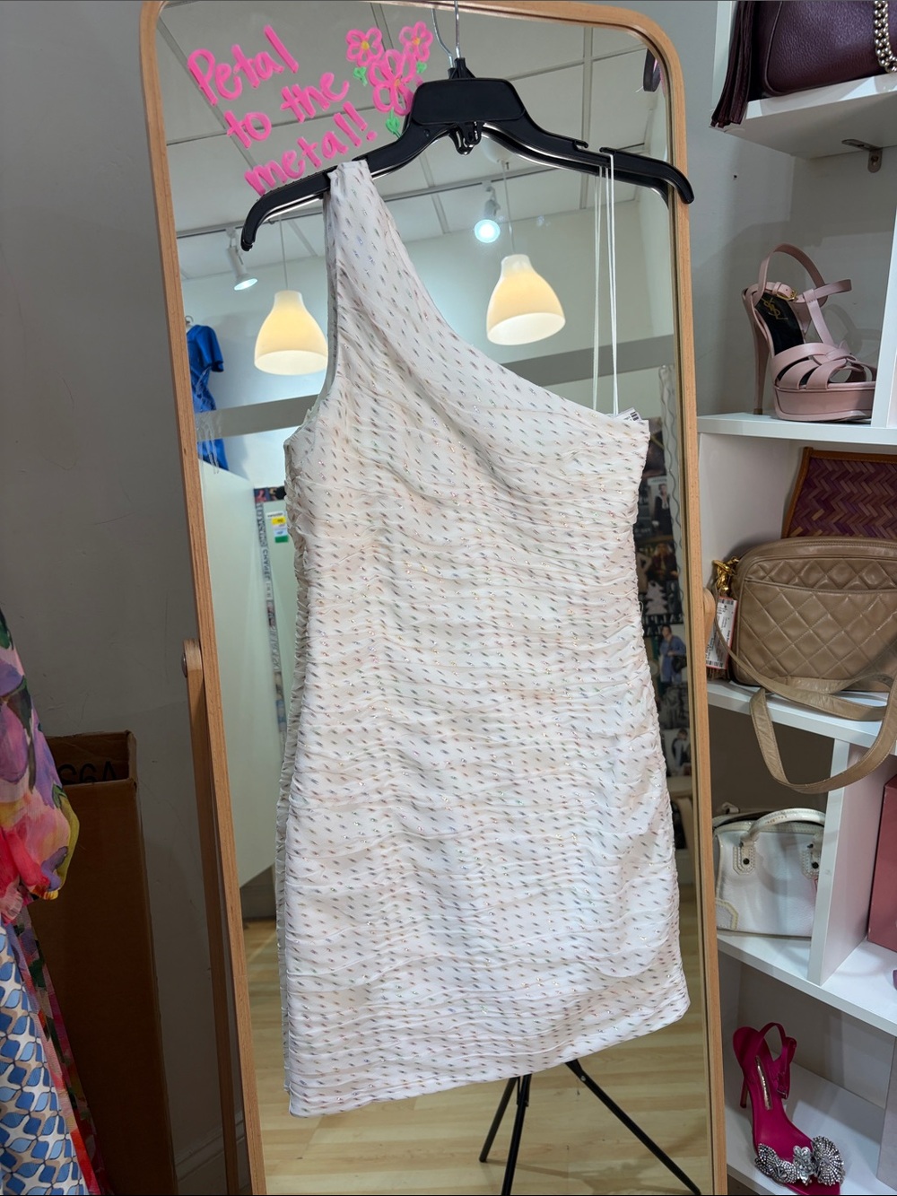 Asymmetrical One-Shoulder White Textured Dress with Pastel Stitching